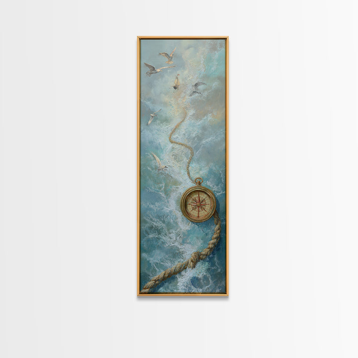 Weathered Nautical Rope and Brass Compass Framed Canvas Print, Coastal Art, Coastal Decor, Fine Art, Coastal, Fine Art Print, COA-1x3-75