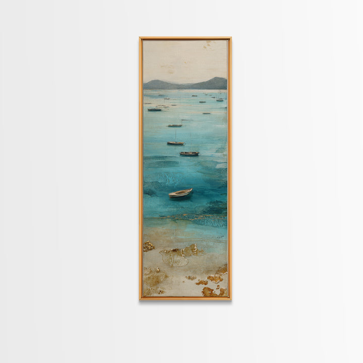 Foggy Harbor with Distant Boats Framed Canvas Print, Coastal Art, Beach Decor, Coastal Decor, Abstract Art, Coastal, COA-1x3-96