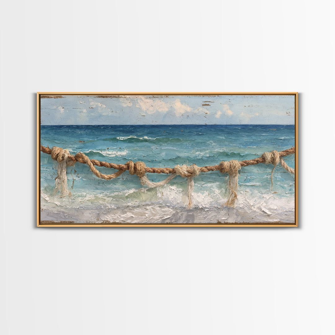 Weathered Nautical Rope and Brass Compass Framed Canvas Print, Coastal Art, Coastal Decor, Oil Painting, Coastal, COA-2x1-35