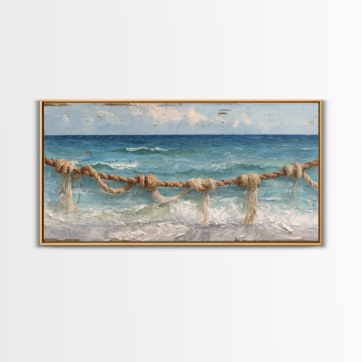 Weathered Nautical Rope and Brass Compass Framed Canvas Print, Coastal Art, Coastal Decor, Oil Painting, Coastal, COA-2x1-35