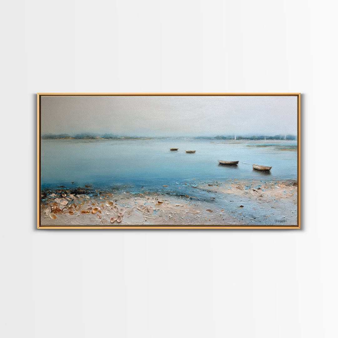Foggy Harbor with Distant Boats Framed Canvas Print, Coastal Art, Original Painting, Coastal Decor, Fine Art, Coastal, COA-2x1-56