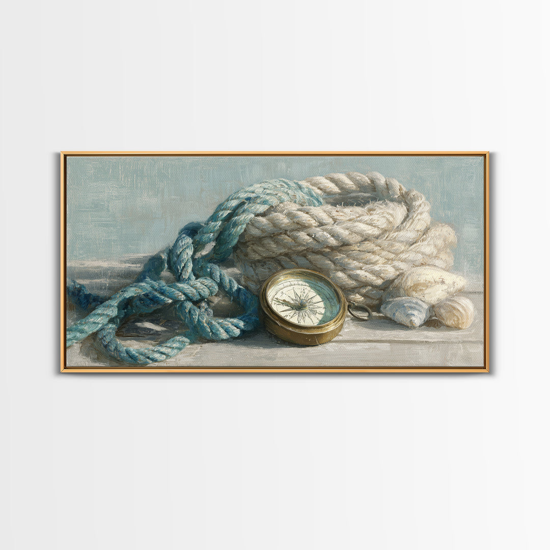 Weathered Nautical Rope and Brass Compass Framed Canvas Print, Coastal Art, Landscape Painting, Coastal Decor, Watercolor Art, COA-2x1-59
