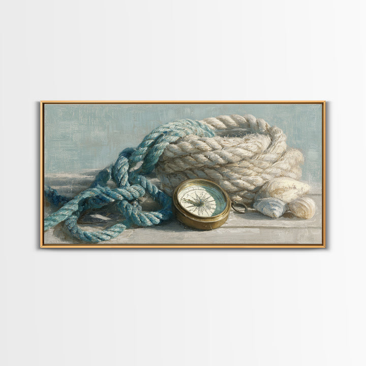 Weathered Nautical Rope and Brass Compass Framed Canvas Print, Coastal Art, Landscape Painting, Coastal Decor, Watercolor Art, COA-2x1-59