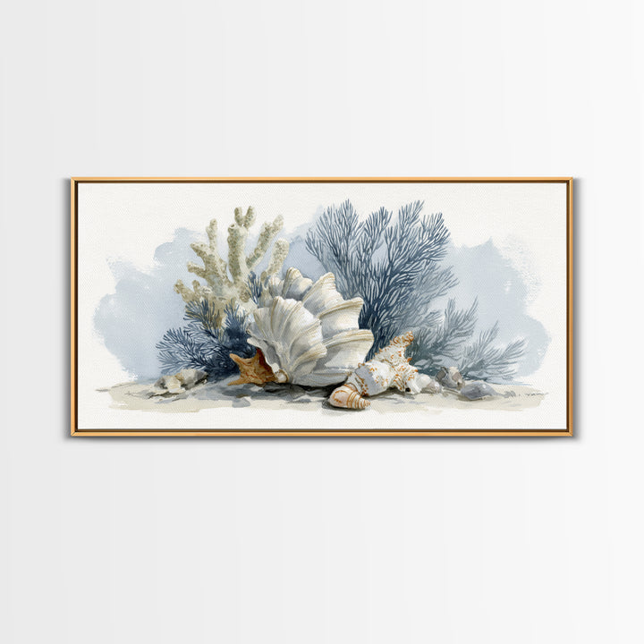 Shell and Coral Specimen Arrangement Framed Canvas Print, Coastal Art, Wall Decor, Coastal Decor, Coastal, Nautical Decor, COA-2x1-7