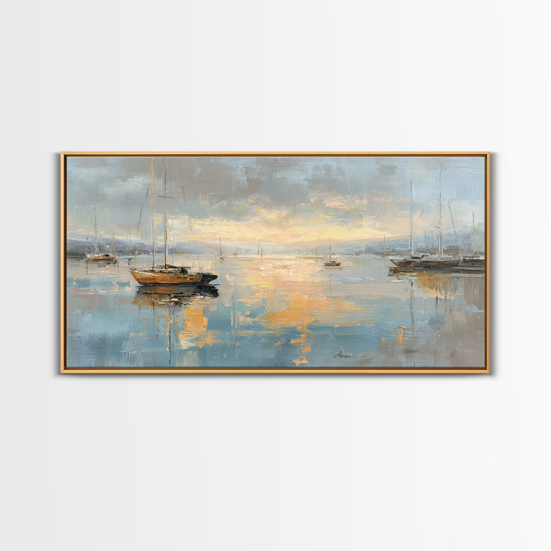 Foggy Harbor with Distant Boats Framed Canvas Print, Coastal Art, Coastal Decor, Fine Art, Coastal, Oyster Art, Gallery Decor, COA-2x1-80