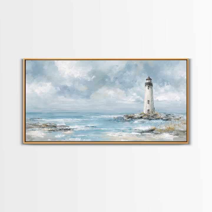 Whitewashed Lighthouse Against Cloudy Sky Canvas Print, Coastal Art, Printable Wall Art, Coastal Decor, Watercolor Art, Coastal, COA-2x1-98