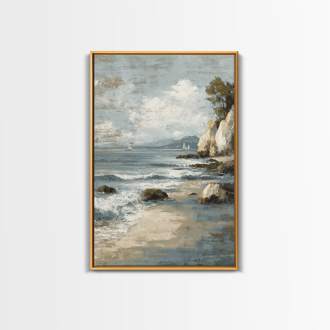 Mediterranean Cove with Cliff Shadows Framed Canvas Print, Coastal Art, Wall Art, Coastal Decor, Fine Art, Coastal, Bird Art, COA-2x3-1
