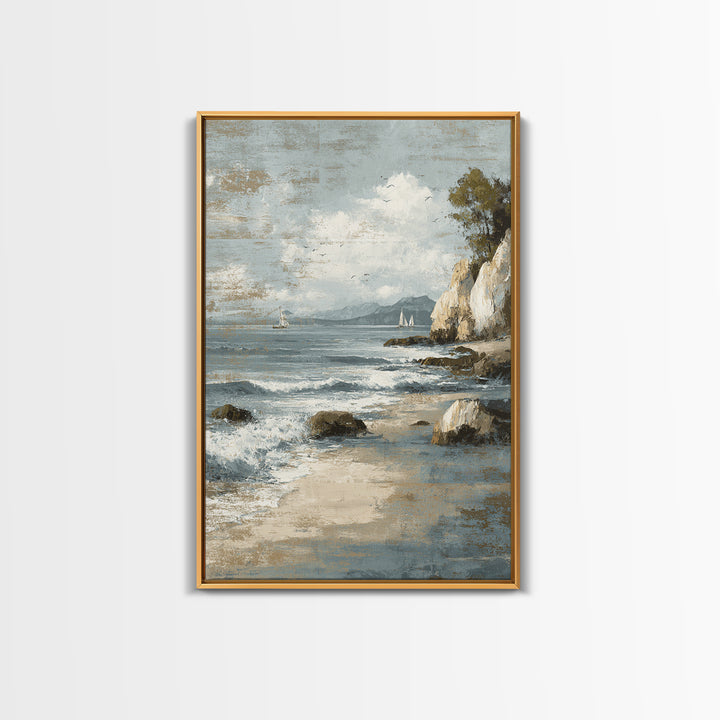 Mediterranean Cove with Cliff Shadows Framed Canvas Print, Coastal Art, Wall Art, Coastal Decor, Fine Art, Coastal, Bird Art, COA-2x3-1