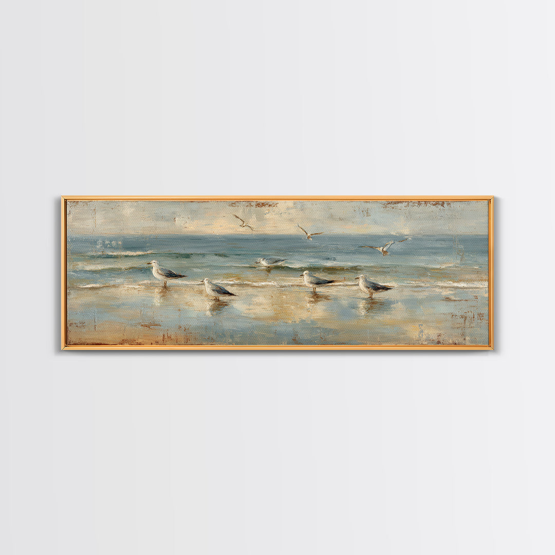 Seagulls Crossing a Muted Sky Framed Canvas Print, Coastal Art, Original Painting, Coastal Decor, Coastal, Beach Decor, COA-3x1-2