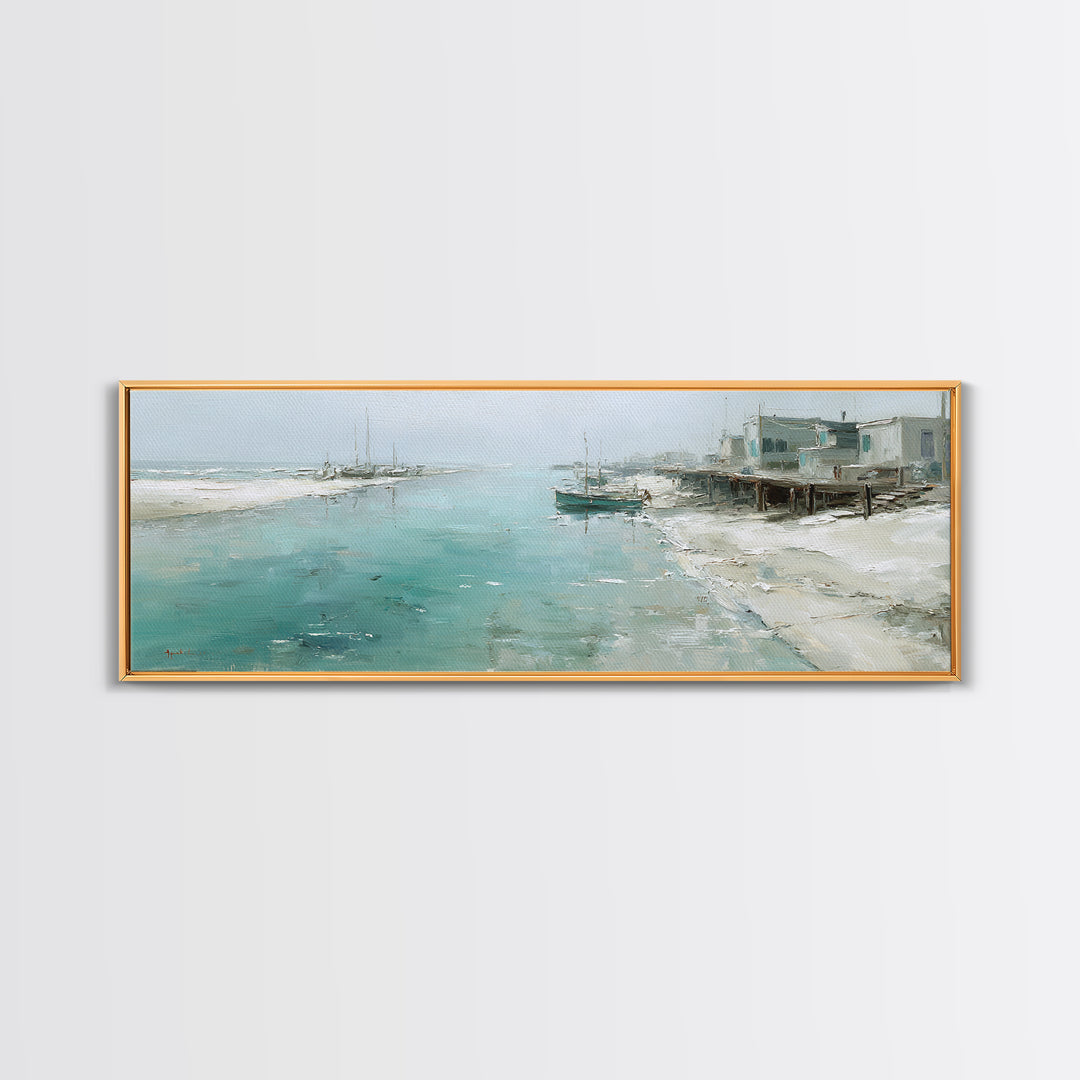 Foggy Harbor with Distant Boats Framed Canvas Print, Coastal Art, Ocean Wall Art, Coastal Decor, Oil Painting, Coastal, COA-3x1-28
