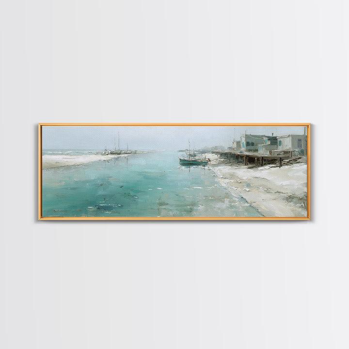 Foggy Harbor with Distant Boats Framed Canvas Print, Coastal Art, Ocean Wall Art, Coastal Decor, Oil Painting, Coastal, COA-3x1-28