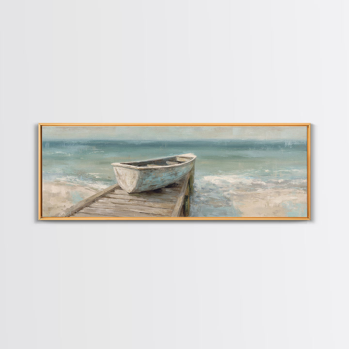 Small Rowboat Tied to a Wooden Dock Framed Canvas Print, Coastal Art, Wall Art, Coastal Decor, Fine Art, Coastal, Bird Art, COA-3x1-59