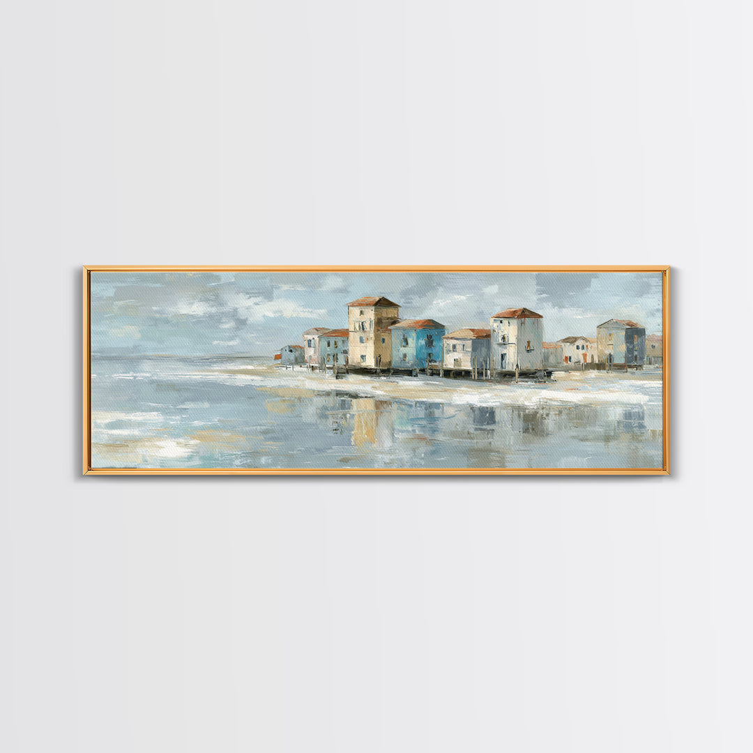 Coastal Village Rooftops Seen from the Sea Framed Canvas Print, Coastal Art, Living Room Art, Coastal Decor, Fine Art, Coastal, COA-3x1-73