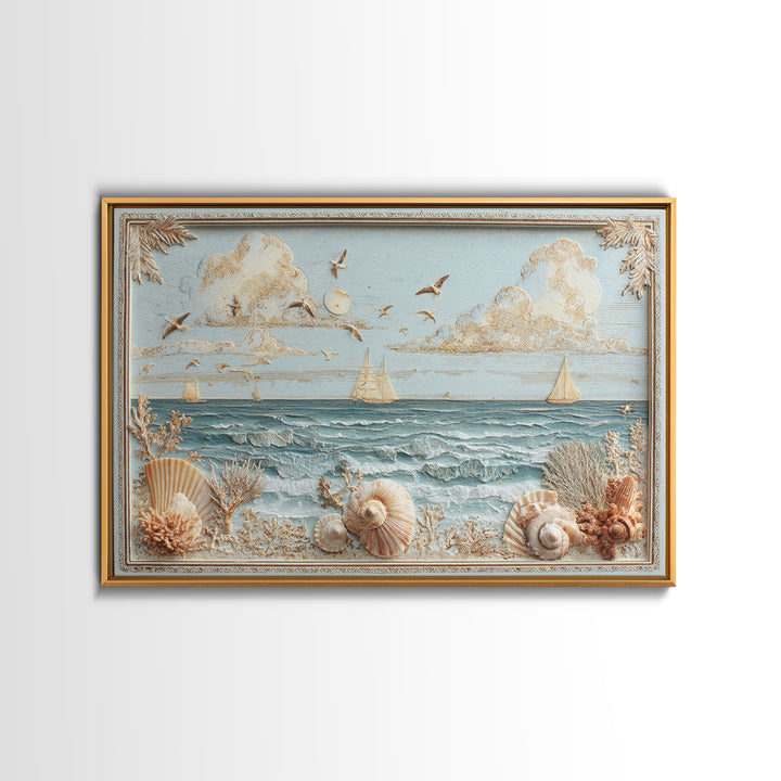 Shell and Coral Specimen Arrangement Framed Canvas Print, Coastal Art, Whimsical Decor, Coastal Decor, Fine Art, Coastal, COA-3x2-15