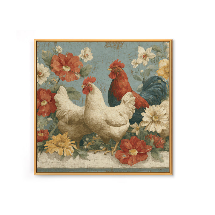 Chickens Pecking Near Garden Flowers Canvas Print, Country Art, Digital Art Prints, Farmhouse Decor, Fine Art, Country, COU-1x1-14