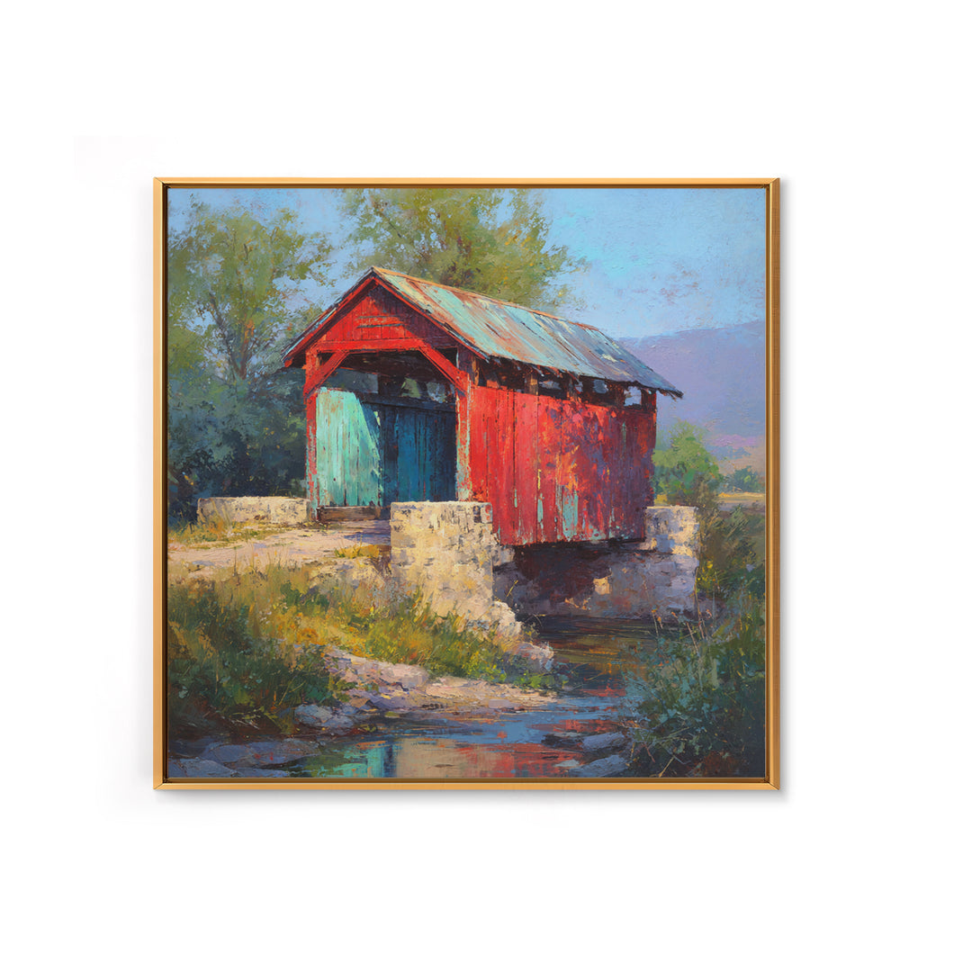 Covered Bridge over a Quiet Creek Canvas Print, Country Art, Farmhouse Decor, Oil Painting, Country, French Country Decor, COU-1x1-15