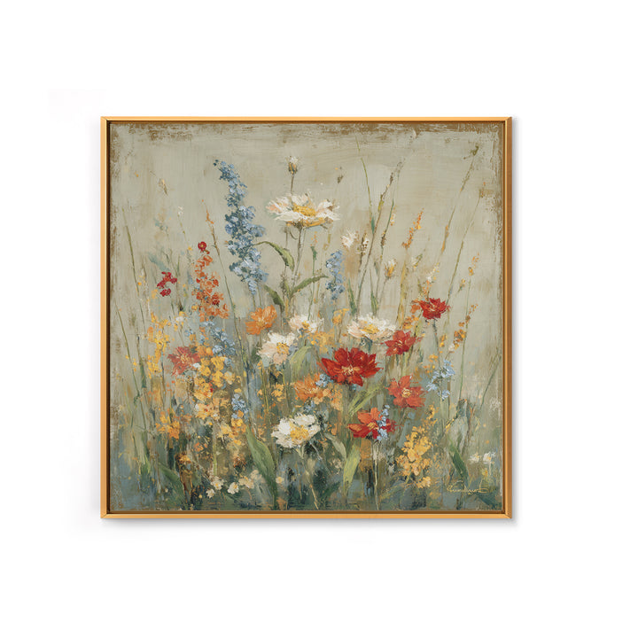 Wildflower Meadow Beside an Old Fence Framed Canvas Print, Country Art, Watercolor Painting, Farmhouse Decor, Oil Painting, COU-1x1-2