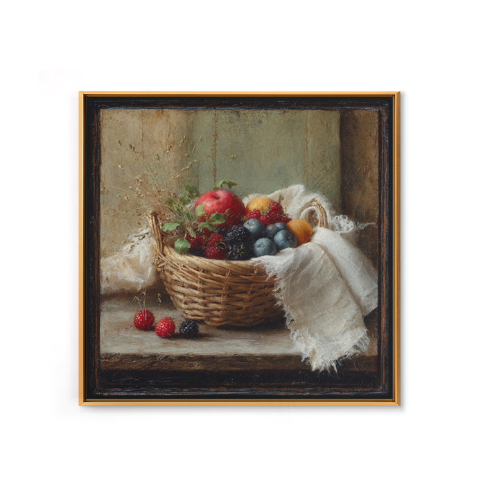 Blackberry Basket with Linen Cloth Framed Canvas Print, Country Art, French Country, Farmhouse Decor, Fine Art, Country, COU-1x1-21