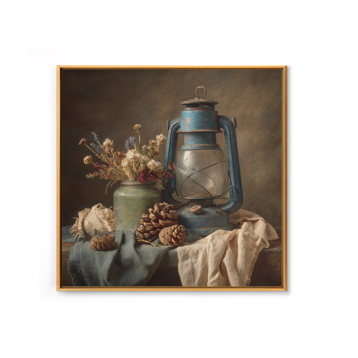 Old Lantern and Pinecones Still Life Framed Canvas Print, Country Art, Landscape Painting, Farmhouse Decor, Watercolor Art, COU-1x1-24