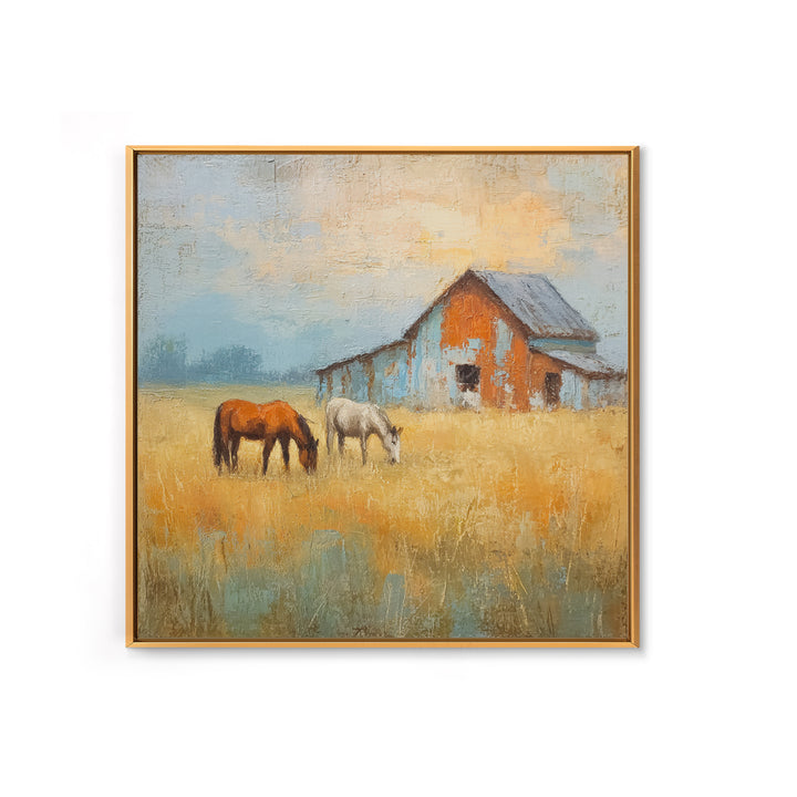 Rolling Pasture with Grazing Horses at Sunrise Canvas Print, Country Art, Neutral Decor, Farmhouse Decor, Fine Art, Country, COU-1x1-25