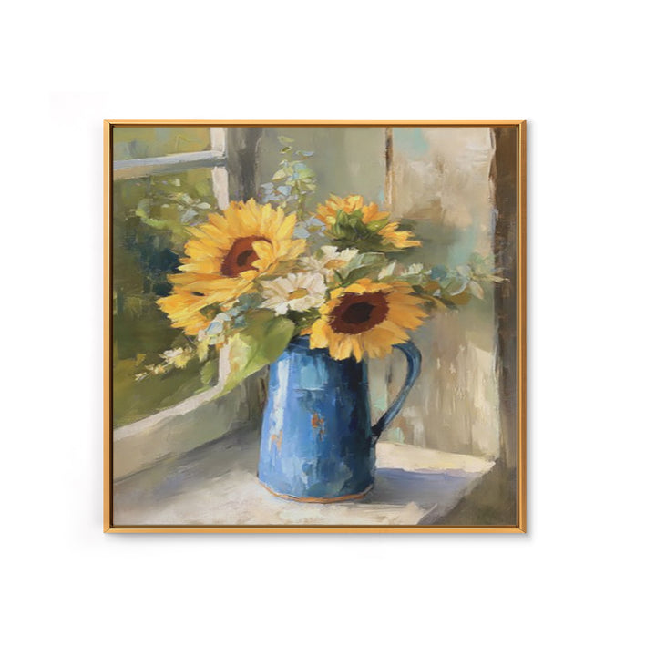 Sunflowers in a Blue Enamel Pitcher Framed Canvas Print, Country Art, Gallery Decor, Farmhouse Decor, Fine Art, Country, COU-1x1-32