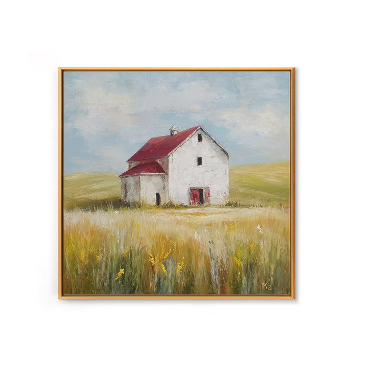 White Farmhouse Surrounded by Tall Grass Framed Canvas Print, Country Art, French Country, Farmhouse Decor, Watercolor Art, COU-1x1-34