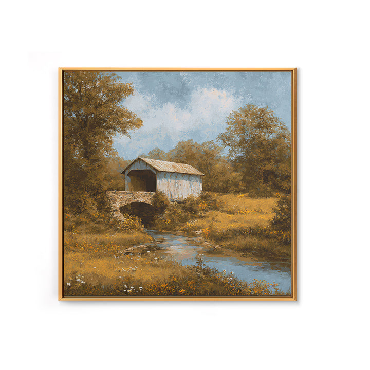 Covered Bridge over a Quiet Creek Framed Canvas Print, Country Art, Watercolor Painting, Farmhouse Decor, Fine Art, Country, COU-1x1-39