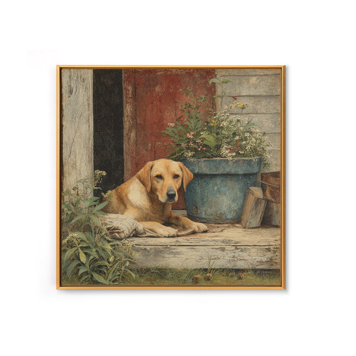 Dog Resting Beside a Porch Flower Pot Framed Canvas Print, Country Art, Landscape Painting, Farmhouse Decor, Oil Painting, COU-1x1-46