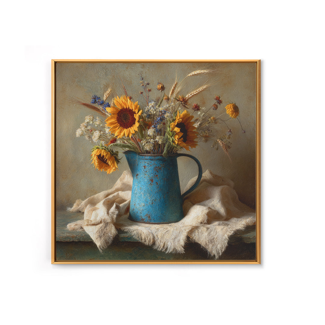 Sunflowers in a Blue Enamel Pitcher Framed Canvas Print, Country Art, Digital Wall Art, Farmhouse Decor, Fine Art, Country, COU-1x1-56