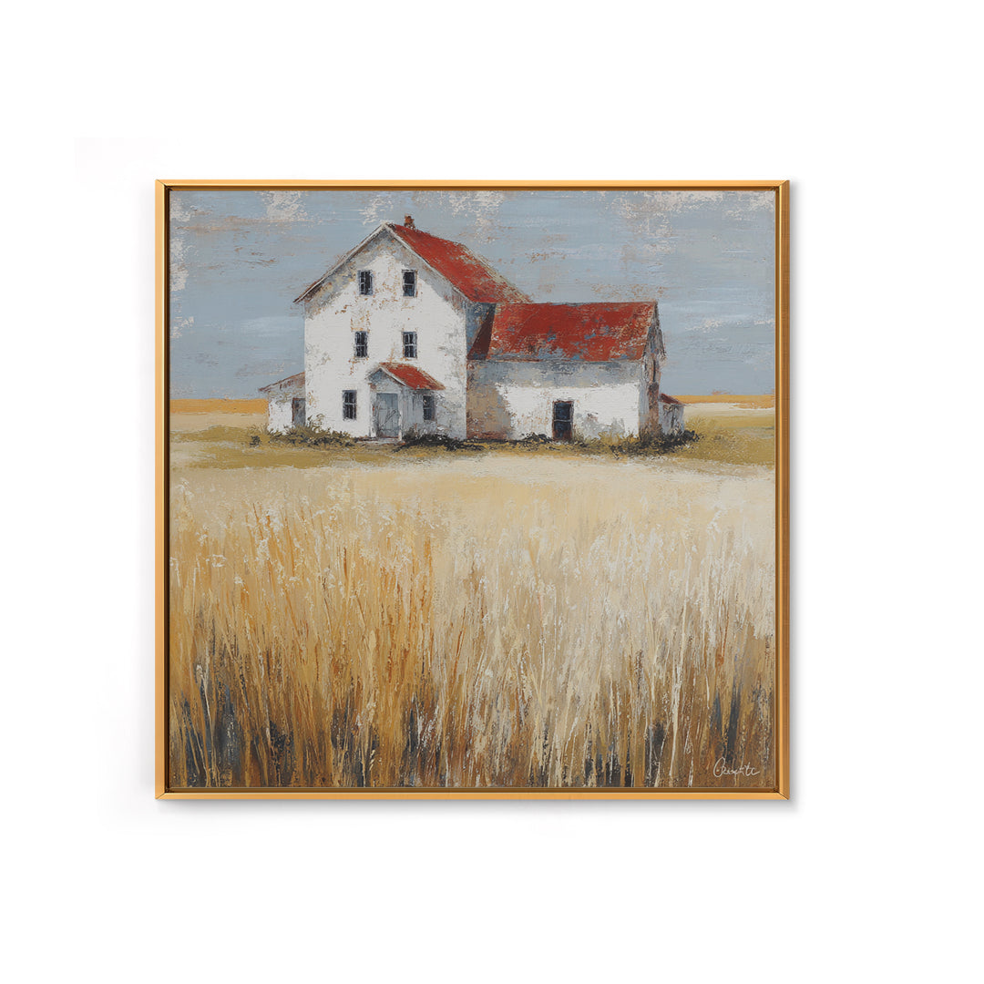 White Farmhouse Surrounded by Tall Grass Framed Canvas Print, Country Art, French Country, Farmhouse Decor, Watercolor Art, COU-1x1-58