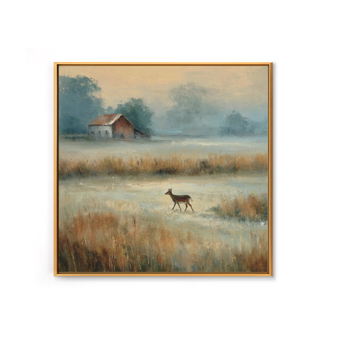 Deer Crossing a Misty Morning Field Canvas Print, Country Art, Landscape Wall Art, Farmhouse Decor, Fine Art, Country, COU-1x1-59