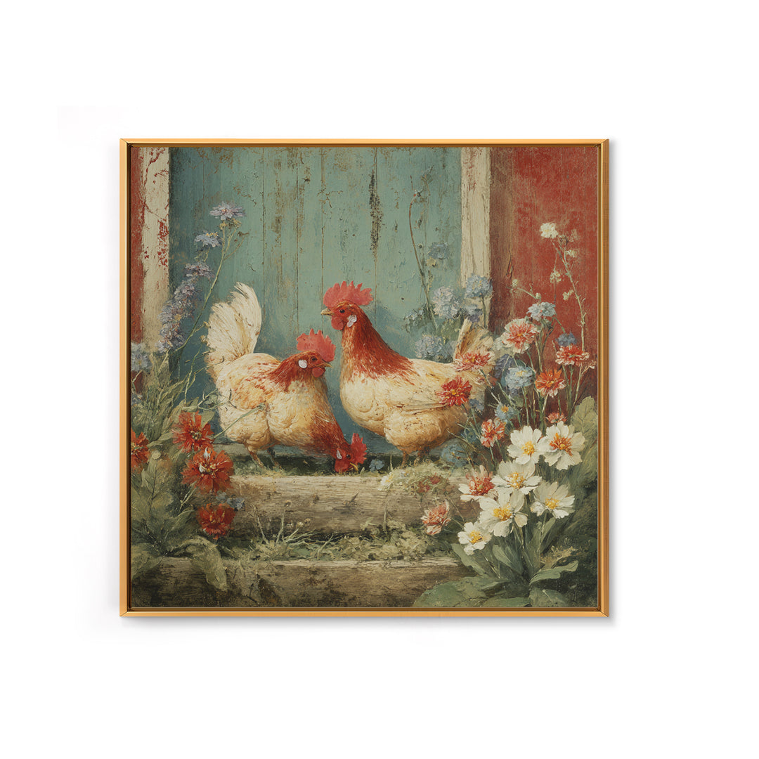 Chickens Pecking Near Garden Flowers Framed Canvas Print, Country Art, Farmhouse Wall Art, Farmhouse Decor, Fine Art, Country, COU-1x1-62
