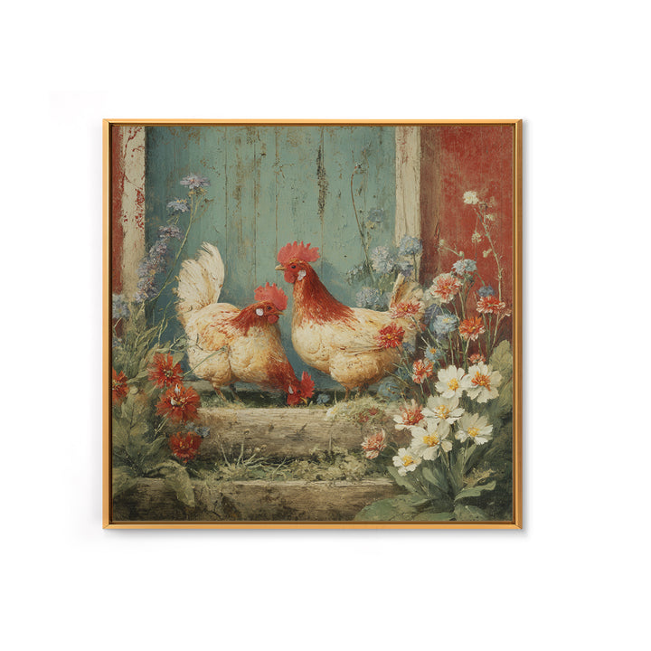 Chickens Pecking Near Garden Flowers Framed Canvas Print, Country Art, Farmhouse Wall Art, Farmhouse Decor, Fine Art, Country, COU-1x1-62