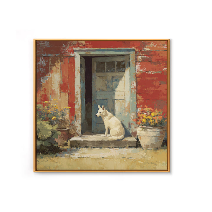 Dog Resting Beside a Porch Flower Pot Framed Canvas Print, Country Art, Landscape Painting, Farmhouse Decor, Oil Painting, COU-1x1-70