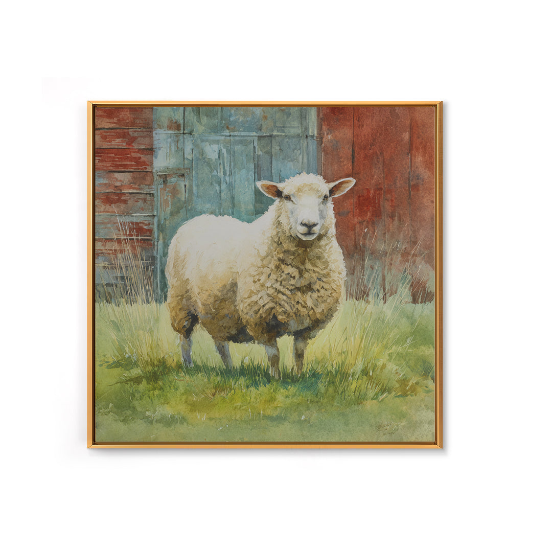 Watercolor Sheep in a Green Pasture Framed Canvas Print, Country Art, French Country, Farmhouse Decor, Fine Art, Country, COU-1x1-71