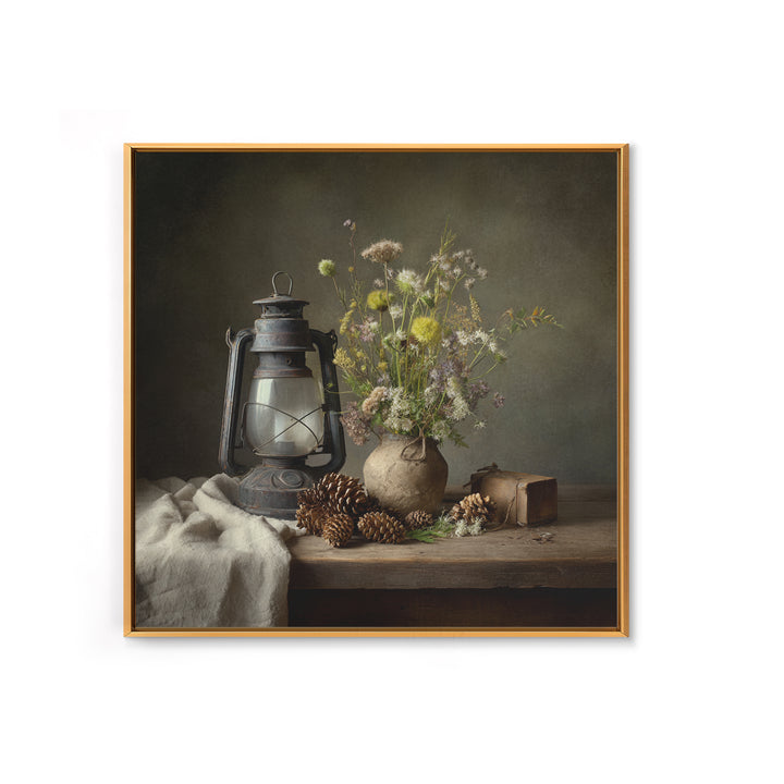 Old Lantern and Pinecones Still Life Framed Canvas Print, Country Art, French Country Decor, Farmhouse Decor, Abstract Art, COU-1x1-72