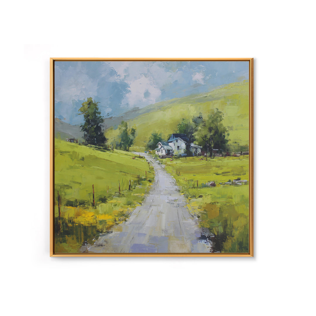 Country Road Disappearing into Green Hills Framed Canvas Print, Country Art, Modern Decor, Farmhouse Decor, Oil Painting, COU-1x1-79