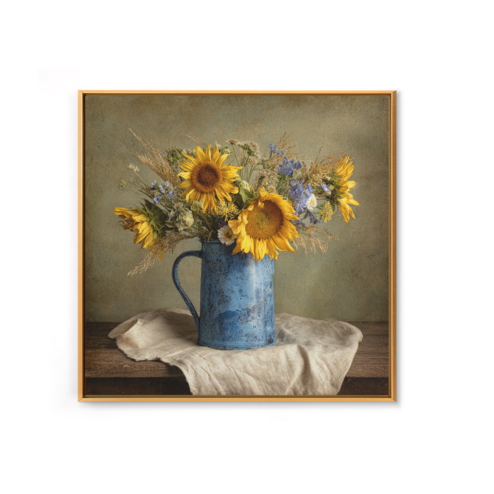 Sunflowers in a Blue Enamel Pitcher Framed Canvas Print, Country Art, Original Painting, Farmhouse Decor, Oil Painting, Country, COU-1x1-8