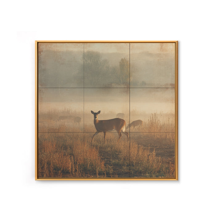 Deer Crossing a Misty Morning Field Framed Canvas Print, Country Art, Fine Art Print, Farmhouse Decor, Fine Art, Country, COU-1x1-83