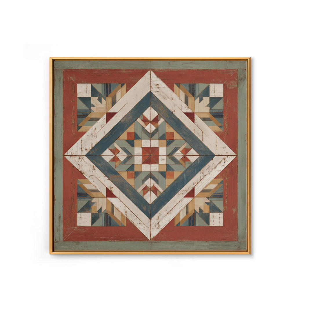 Quilt Geometric Folk Pattern Framed Canvas Print, Country Art, French Country, Farmhouse Decor, Fine Art, Country, Luxury Decor, COU-1x1-84