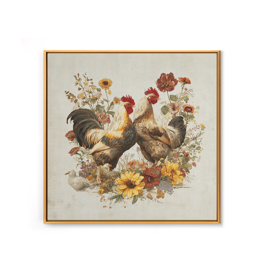 Chickens Pecking Near Garden Flowers Canvas Print, Country Art, Neutral Decor, Farmhouse Decor, Oil Painting, Country, COU-1x1-86