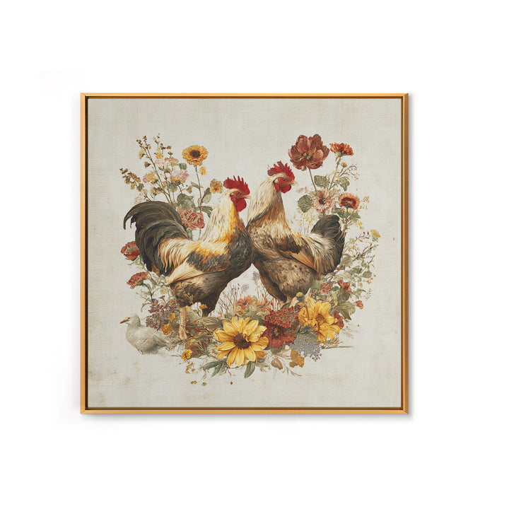 Chickens Pecking Near Garden Flowers Canvas Print, Country Art, Neutral Decor, Farmhouse Decor, Oil Painting, Country, COU-1x1-86