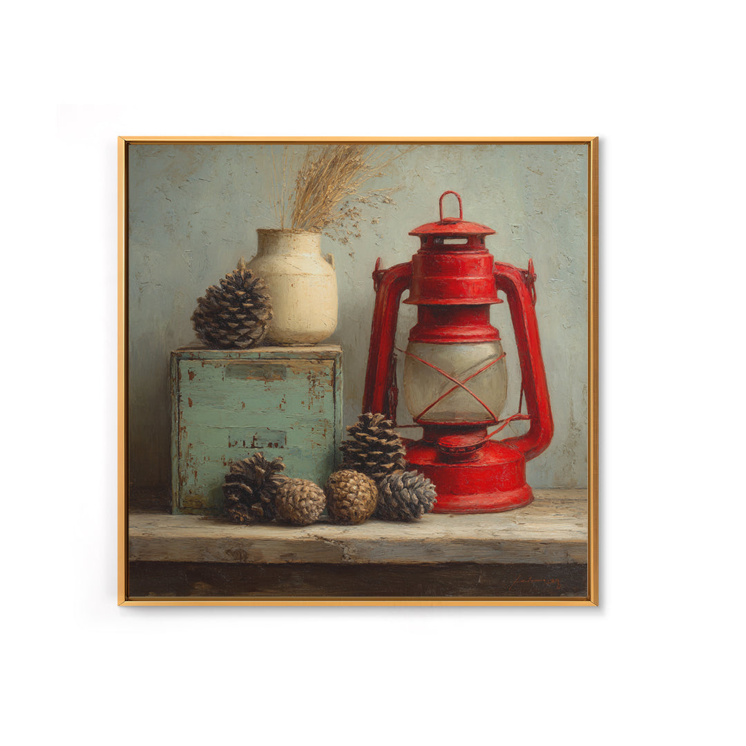 Old Lantern and Pinecones Still Life Framed Canvas Print, Country Art, Digital Prints, Farmhouse Decor, Fine Art, Country, COU-1x1-96