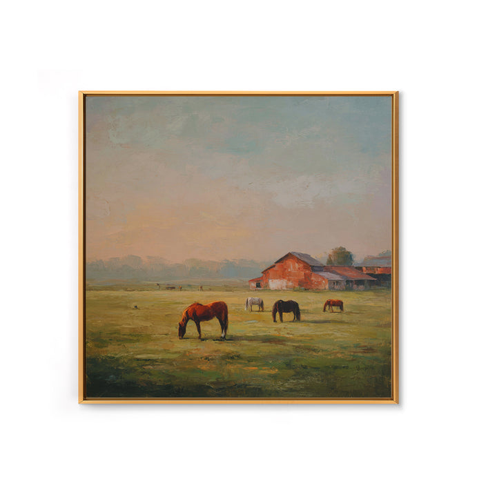 Rolling Pasture with Grazing Horses at Sunrise Canvas Print, Country Art, Wall Art, Farmhouse Decor, Oil Painting, Country, COU-1x1-97