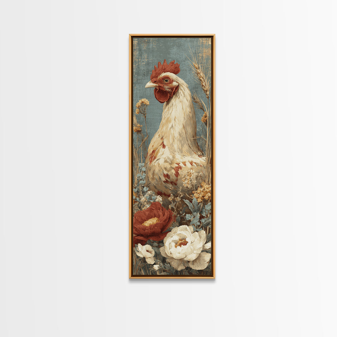 Chickens Pecking Near Garden Flowers Canvas Print, Country Art, Landscape Painting, Farmhouse Decor, Watercolor Art, Country, COU-1x3-2