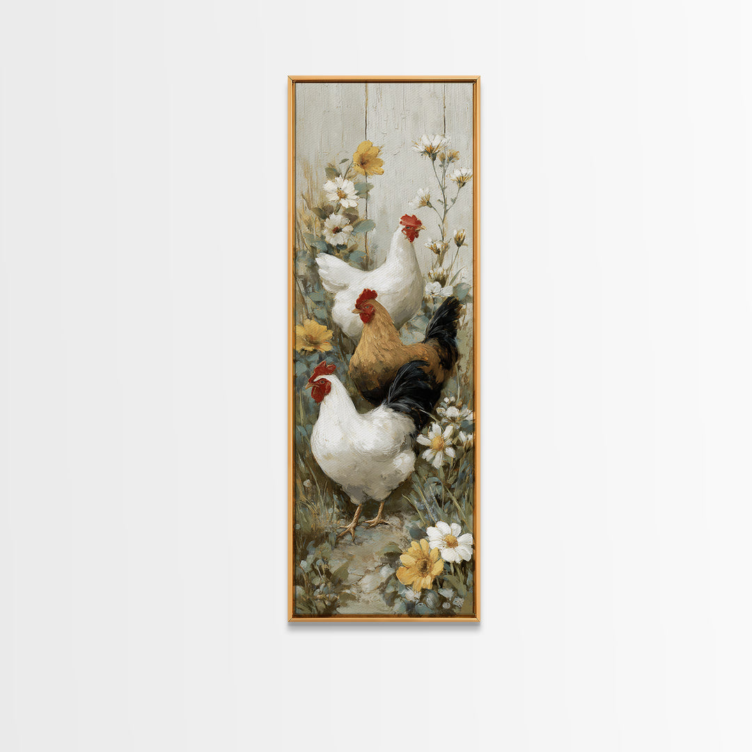 Chickens Pecking Near Garden Flowers Canvas Print, Country Art, Landscape Painting, Farmhouse Decor, Watercolor Art, Country, COU-1x3-26