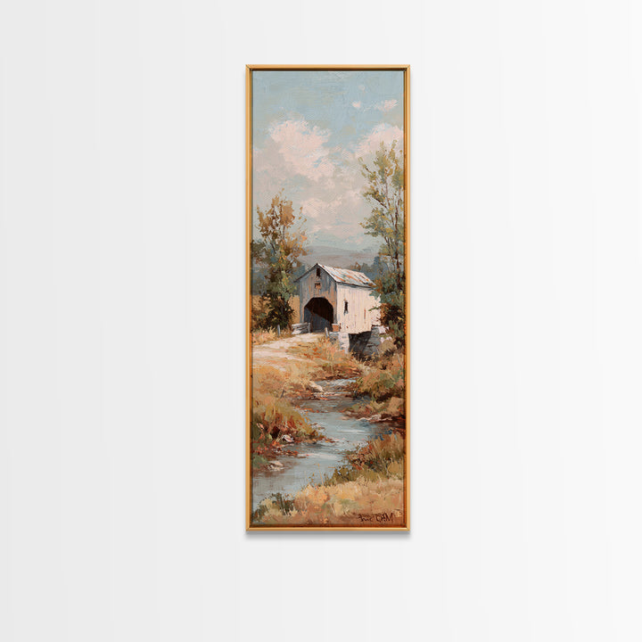 Covered Bridge over a Quiet Creek Canvas Print, Country Art, Digital Prints, Farmhouse Decor, Oil Painting, Country, COU-1x3-27