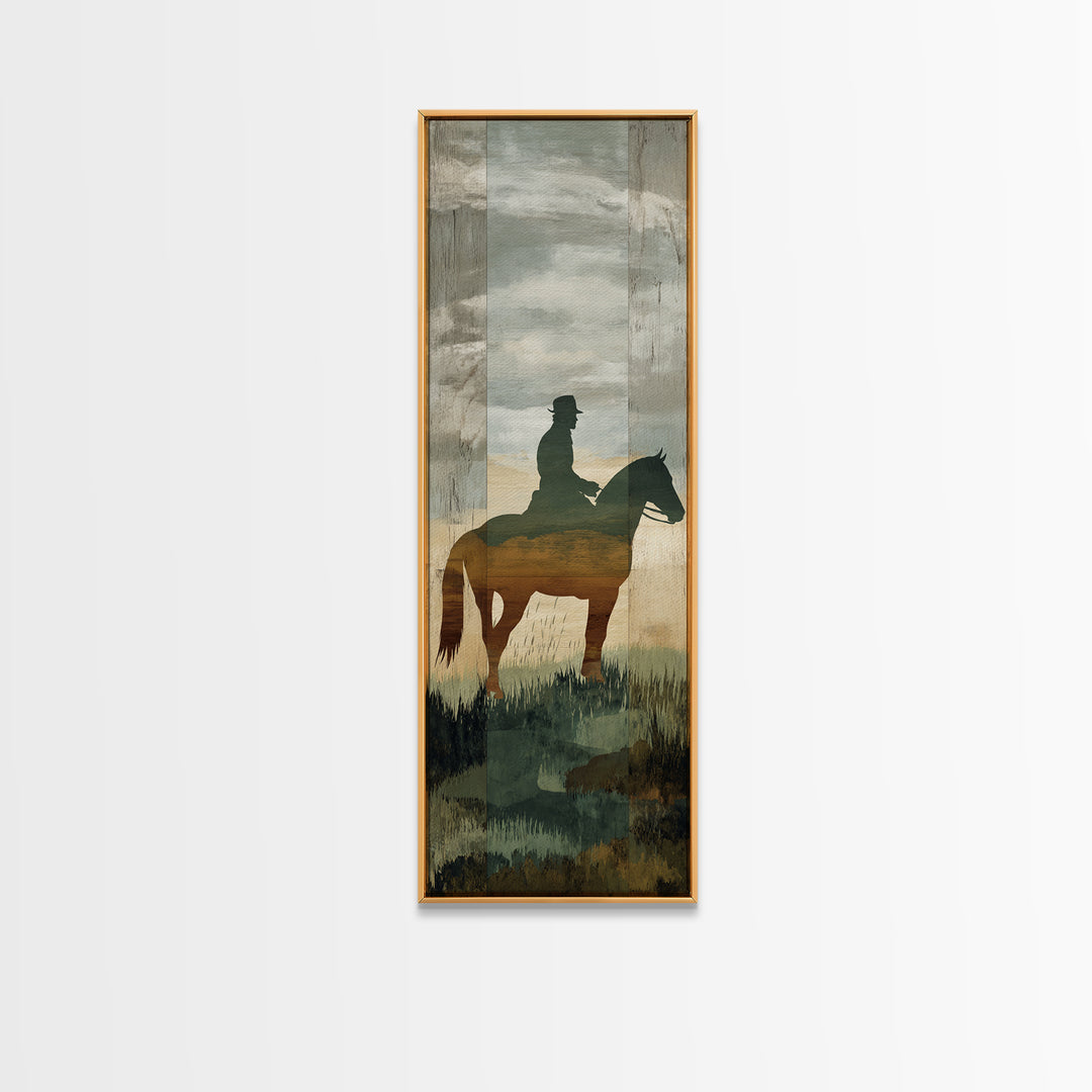 Horse and Rider Silhouette at Dusk Framed Canvas Print, Country Art, Neutral Decor, Farmhouse Decor, Fine Art, Country, COU-1x3-29