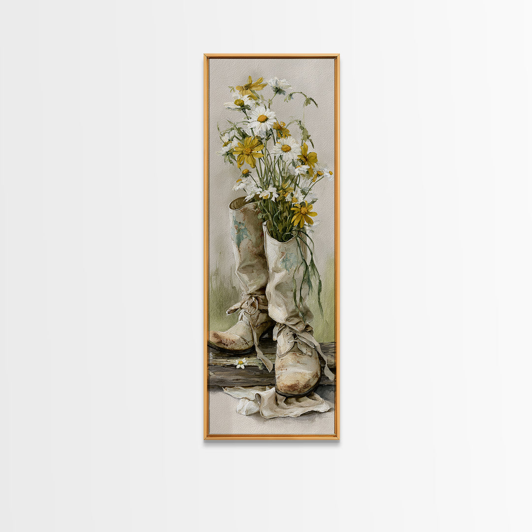 Weathered Boots with Wildflowers Tucked Inside Framed Canvas Print, Country Art, Modern Decor, Farmhouse Decor, Oil Painting, COU-1x3-4