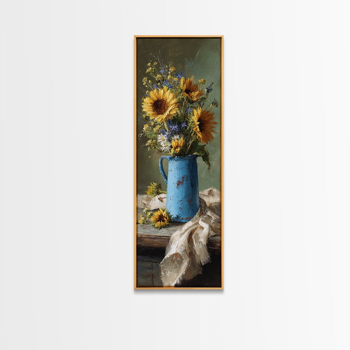 Sunflowers in a Blue Enamel Pitcher Canvas Print, Country Art, Contemporary Art, Farmhouse Decor, Oil Painting, Country, COU-1x3-44
